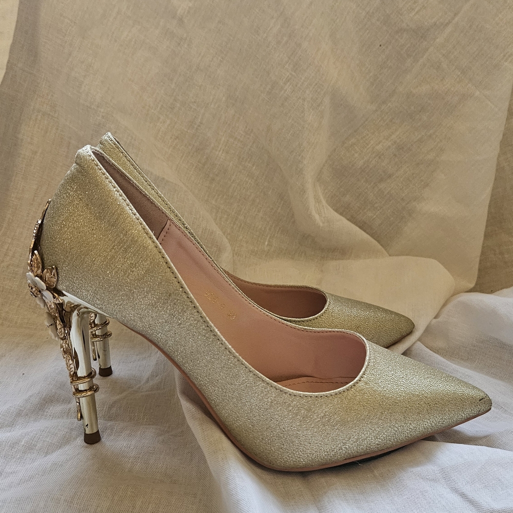 Gold Embellished Women's Evening Heels - Picture 4 of 7